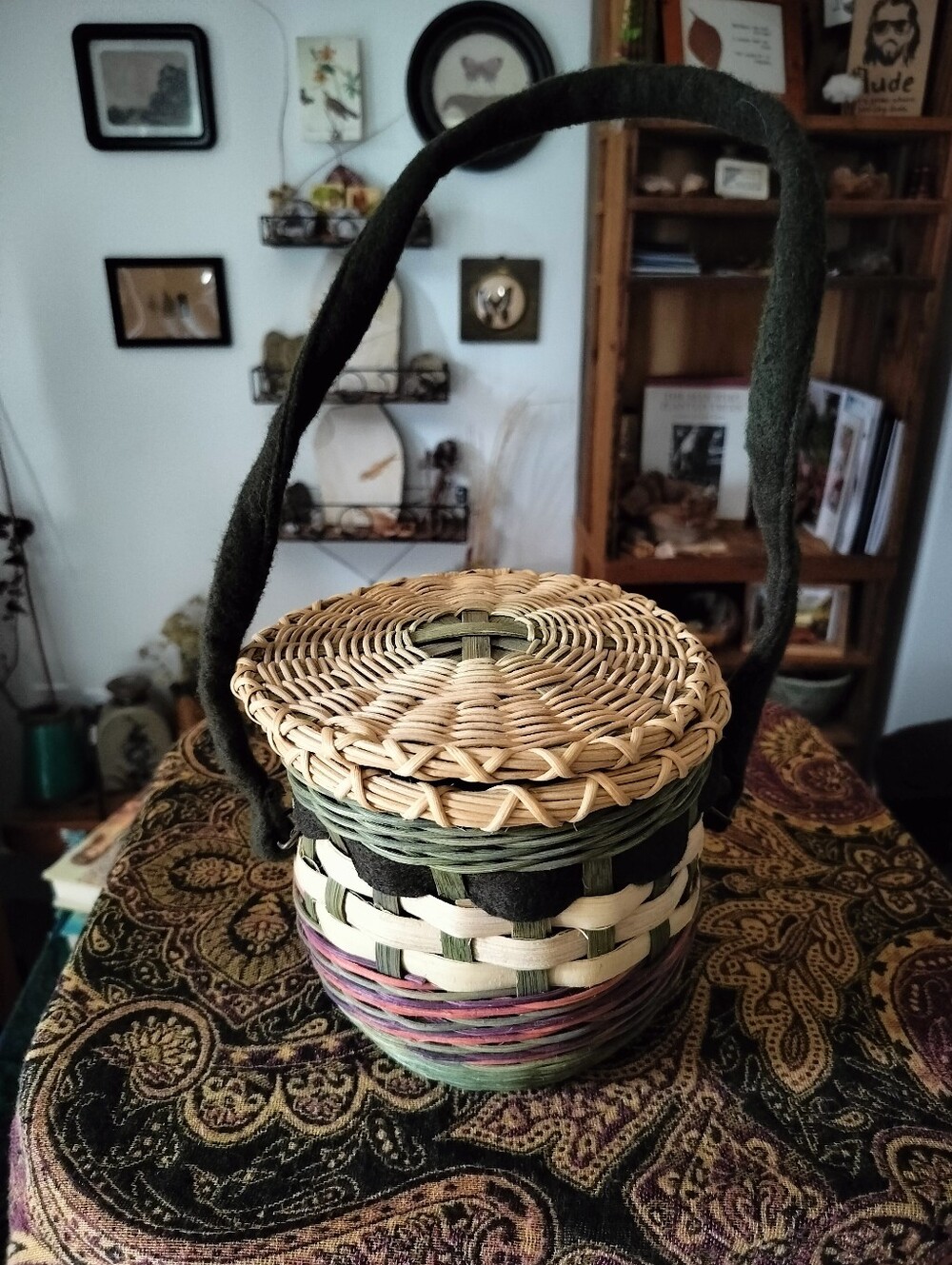 Boho Multi-Colored Woven Basket with Lid & Thick Felt Handle